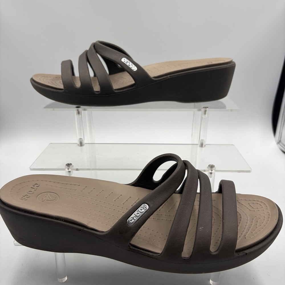 Crocs Sandals Womens 8 Espresso Brown Strappy Wedge Slide Comfort Lightweight